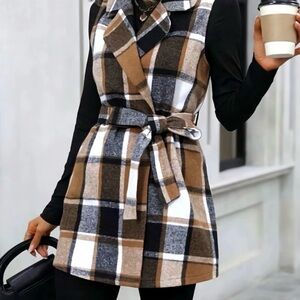 Plaid Sleeveless Belted Vest